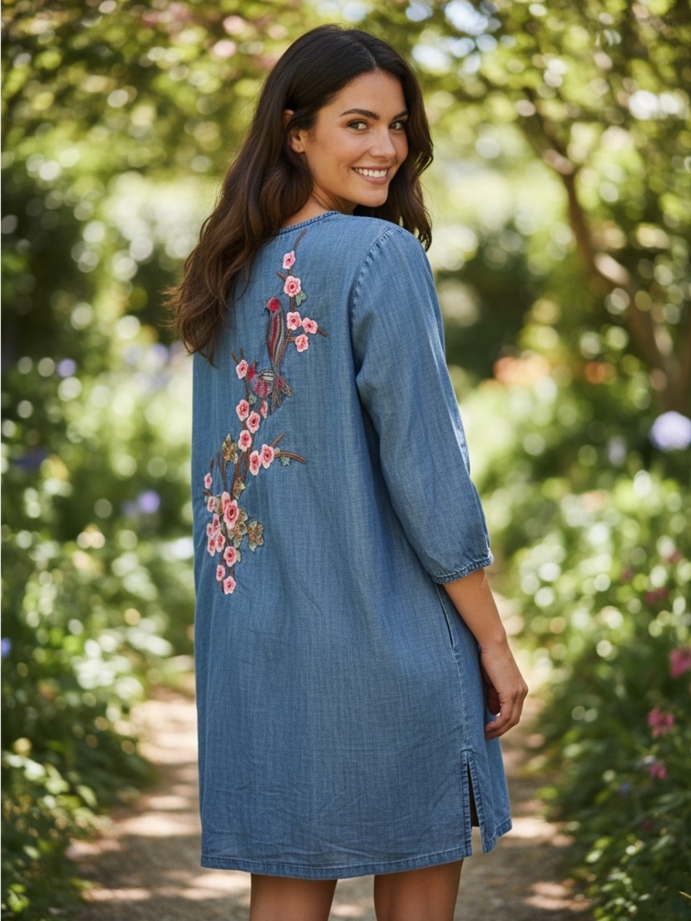 Soft Surroundings Blue Denim Tunic Dress  With Embroidered Back